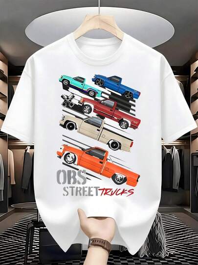 Serie de camionetas clásicas OBS en movimiento que simbolizan libertad velocidad y pasión por la carretera con estilo urbano y energía vibrante ideal para fanáticos del motor camiseta de hombre moderna cómoda y transpirable