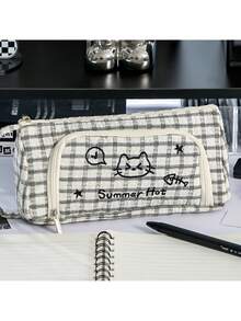 1个大容量格子猫咪刺绣铅笔盒|多功能涤纶文具包，旅行化妆品收纳包，办公学习用品的理想之选 - 彩色 - 查看 6