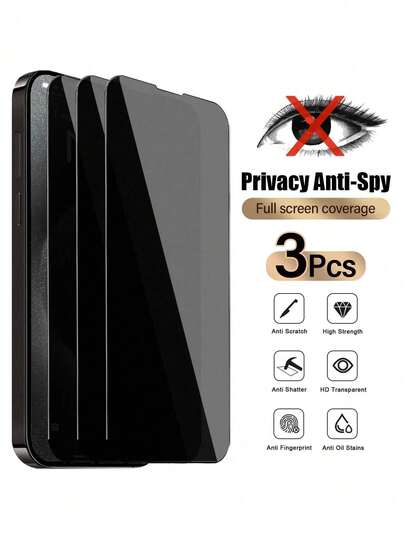 3pcs Anti-Spy Tempered Glass Screen Protector, Compatible With Apple Devices, Anti-Scratch, Anti-Collision, Oleophobic Coating, Smooth Touch, Suitable Compatible With Apple X/XR/6/7/8/11/12/13/14/15/16/16Plus/16Pro/16ProMax/16e/17/17 Air/17 Pro/17 Pro Max Series