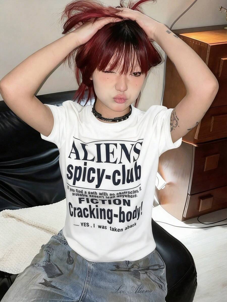 Áo thun nữ cổ tròn tay ngắn kiểu American Hot Girl, áo croptop thời trang mùa hè in chữ, đa năng, ôm sát. - trắng - Xem 1