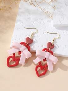 1对全新手工蝴蝶结镂空心形吊坠耳环，温柔浪漫的设计，适合约会、派对、度假等场合。 - 紅色 - 查看 2
