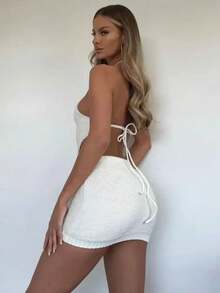 EAVA Summer Women's White Halter Hollow Knit Bodycon Mini Dress, Sexy Slimming Vacation Dress, Ladies' Party Dress, Summer Dress, Perfect For Summer Holiday Outfits And Beach Vacation Outfits, White Dress Spring - Apricot - View 2