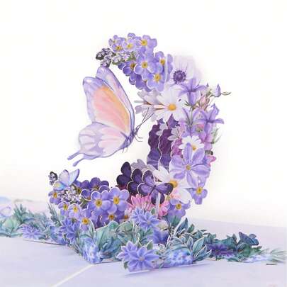 1pc Purple Butterfly & Flower Moon 3D Greeting Card - Suitable For Birthday, Anniversary, Mother's Day, Thanksgiving, Teacher's Day, And Wedding