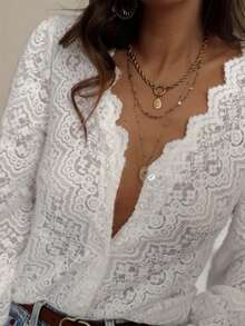Blusa de encaje calado con cuello en V, manga farol y estilo retro francés, de corte holgado y elegante, adecuada para uso diario y laboral, nueva llegada de primavera/verano de JoWins - lechoso - Ver 4