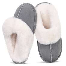 Women's Winter Slippers Cozy Plush Fleece Lined Moccasin Fluffy Detail Non Slip Platform Flat Sole - Xám - Xem 12