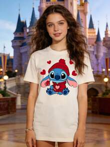 Disney Authorized Women's Casual Short Sleeve T-Shirt, Lilo & Stitch Heart Sweater Print, Cute Healing Style, Breathable Comfortable Fabric, Machine Washable, All-Match For Daily Wear - Màu be - Xem 1