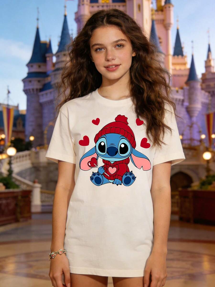 Disney Authorized Women's Casual Short Sleeve T-Shirt, Lilo & Stitch Heart Sweater Print, Cute Healing Style, Breathable Comfortable Fabric, Machine Washable, All-Match For Daily Wear - Màu be - Xem 1