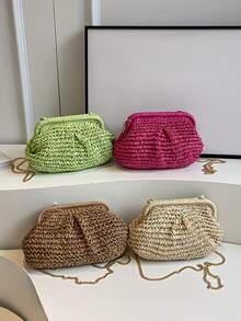 Sac de paille de plage d'été avec décoration de coquillages, sac à bandoulière mode chaîne pour les vacances - A - Voir 5