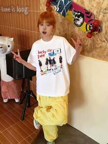 2026夏季新款女式圆领休闲宽松美式涂鸦印花英文字母图案街头百搭短袖T恤，1件装 - 白色 - 查看 2