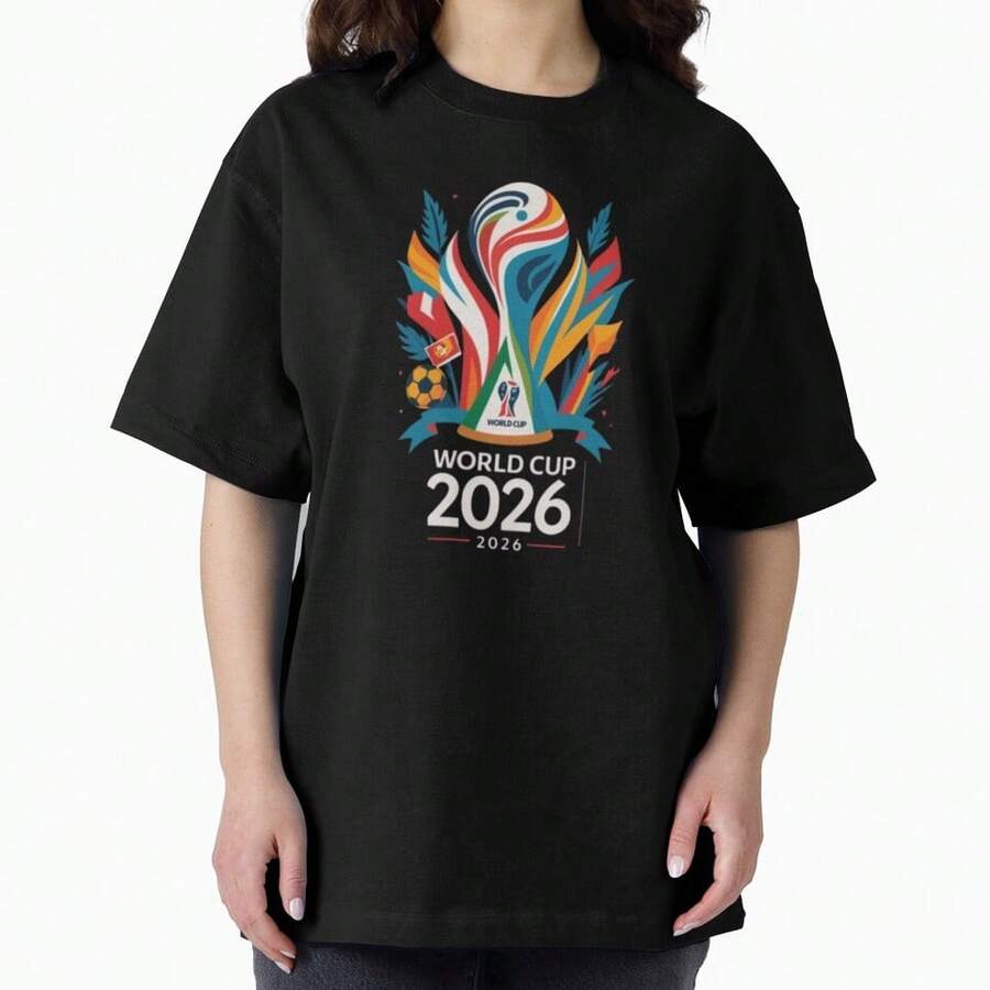 Artistic World Cup 2026 Trophy And Floral Motif Design Oversized T-Shirt. - màu đen - Xem 1