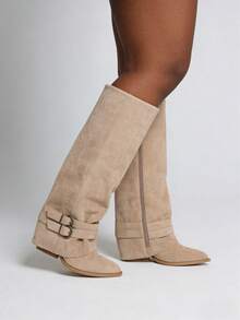 Women's Vintage Suede Knee High Boots Buckle Detail Slouchy Boots With Side Zipper For Spring Outfits - 杏色 - 查看 7