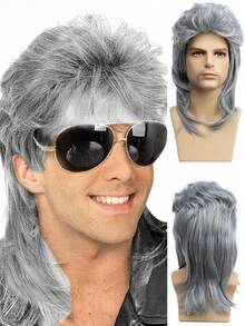 Sallcks Silver Grey Mullet Wigs For Men 80s Long Punk Rocker Wig Synthetic Halloween Costume Wigs For Men (Light Grey) - Silver - View 9