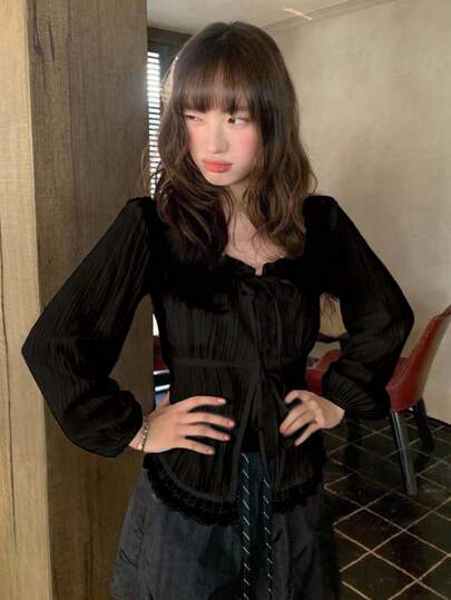 女士长袖蕾丝边系带衬衫，适合工作和休闲场合，秋冬季黑色