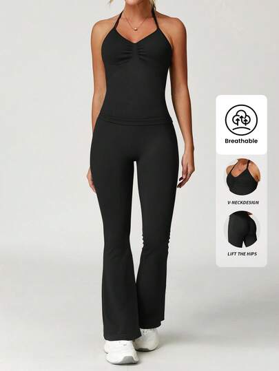 Yefecy 女士瑜伽套装，包括修身露背上衣和喇叭运动裤，两件套瑜伽运动服健身服高腰紧身裤套装