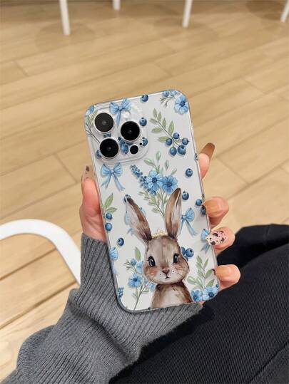 Bunnies 1pc Transparent Thick Anti-Drop UV Painted TPU Phone Case With Minimalist Cute Rabbit & Blueberry Pattern Design, Compatible With IPhone & Galaxy, International Version,  Not The Domestic Version
