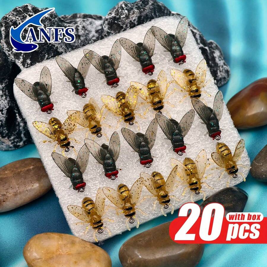 20 piezas de señuelos de pesca con mosca de PVC - Cebos blandos con anzuelos para agua dulce y salada, con patrón realista de mosca abeja - Multicolor - Ver 1