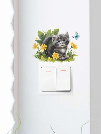 1 pieza Lindo adhesivo de interruptor con gato y flores, diseño adorable de gatito y hojas, pegatina de pared autoadhesiva y removible, adecuada para interruptores de luz, agrega un ambiente acogedor al dormitorio o la residencia estudiantil, actualiza instantáneamente tu interruptor con el diseño encantador de gato y hojas