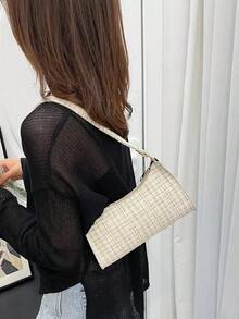 Plaid Pattern Bag Handbag,Shoulder Bag Minimalist,Casual Lightweight,Portable Women, Rookies & White-Collar Workers,Teacher Gifts,Girl,Woman Bag,Work ,Business,Commute,Shopping Valentines - 卡其色 - 查看 7