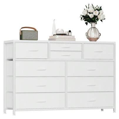 Cómoda Moderna de Tela con 10 Cajones y Soporte para TV, Tapa de Madera y Marco de Acero Resistente, Organizador Amplio para Dormitorio, Sala, Pasillo y Closet