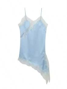 Women Y2k Satin Silk Lace Pachwork Tops Asymmetrical Dress Spaghetti Strap Cami Dress Sleeveless V Neck Open Back Camisole Tops Backless Dress Casual - Azul - Ver 3