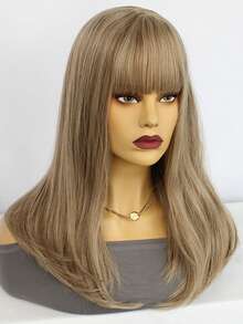 Milk Tea Ash Brown Medium Length Wavy Wig With Straight Bangs, Natural Layered High Temperature Fiber Full Wig, Versatile For Daily Commute, Party & Sweet Cool Style - Brown Highlight - View 4