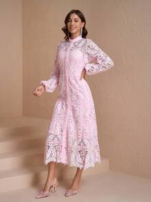 优雅立领全拉链包扣修身A字长袖连衣裙，女士粉色春季款 - 粉色 - 查看 7