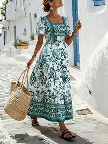 PoPoHouse 女士优雅印花方领喇叭短袖长连衣裙，适合度假、春夏旅行穿着 - 綠色 - 查看 3