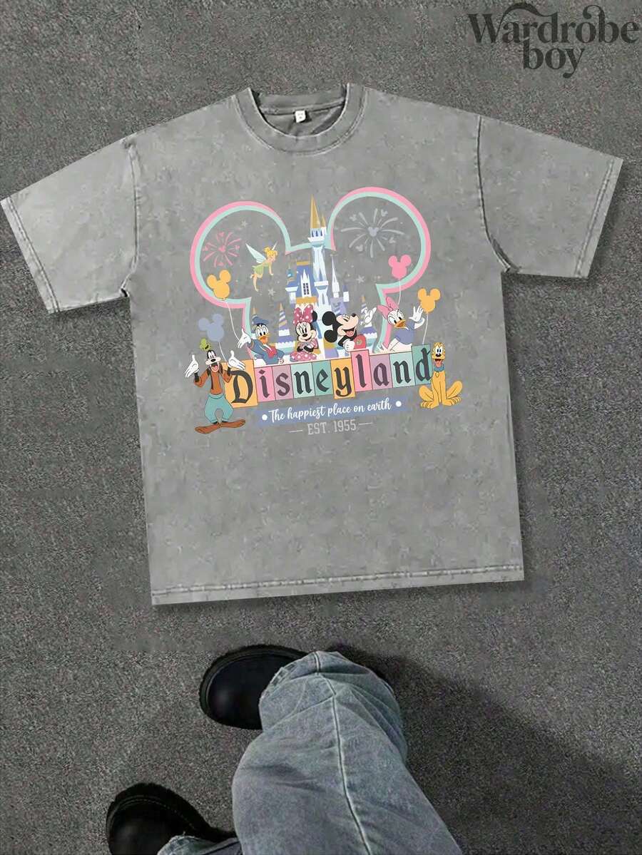Disney Printed Wash Water T-Shirt,Disneyland 1955 Commemorative T-Shirt, Mickey And Friends T-Shirt, The Happiest Place On Earth T-Shirt, Disneyland Family T-Shirt,Unisex,High-Quality Pure Cotton T-Shirt,Suitable For All Seasons, Comfortable And Breathable| Exquisite Design | The Best Choice For Giving Gifts - Light Grey - View 1