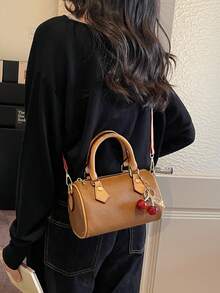 2026 经典迷你波士顿斜挎包，复古 PU 皮革水桶包，配樱桃吊坠，女士耐用轻便手提包，配有可调节肩带，小巧设计，完美收纳手机、钱包、化妆品，适合工作通勤、旅行、购物、约会，永恒的撞色设计，是送给时尚爱好者、生日、情人节、母亲节的理想礼物。 - 棕色 - 查看 5