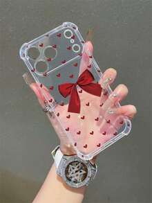 1pc Heart & Bow Shockproof Anti-Slip Transparent Phone Case, Compatible With IPhone 16 Pro Max, 11/12/13/14 Plus/16e Soft Protective Cover, XR/7/8 Plus/15 Pro Max/16, Also Fits 17/17 Pro/17 Pro Max/17 Air - Clear - View 3