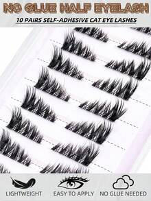 10对半截假睫毛，无需胶水，打造猫眼妆效，自然逼真，透明带设计，轻盈柔软，可重复使用，适合新手、旅行佩戴、新娘妆等场合。 - 黑色 - 查看 4
