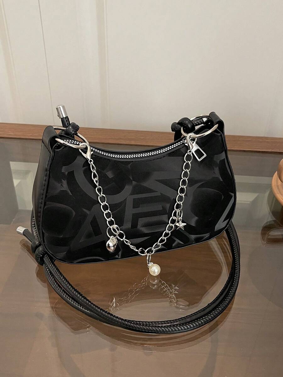 Túi đeo vai nữ bằng da PU thời trang mới, trang trí dây xích, túi xách sang trọng, thanh lịch. - màu đen - Xem 1