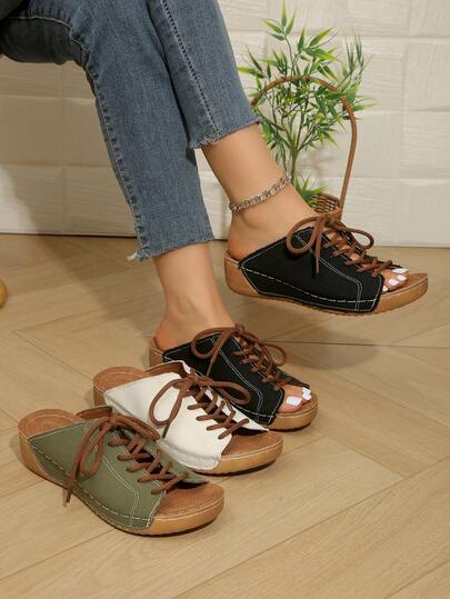 Summer New Girls' Casual Open Toe Sandals, Lace-Up Black/Brown Non-Slip Soft Breathable Won't Rub Feet, Suitable For Daily Wear Indoor/Outdoor Street Style, Lightweight Easy To Slip On, Platform Sandals, Teens Summer Hot Selling Casual Shoes, Multi-Scenario Portable Street Style Slippers