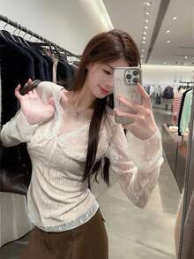 Women's Lace V-Neck Bow Long Sleeve T-Shirt, Sweet And Sexy Style, Spring/Summer - Apricot - View 2