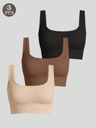 Set de 3 sujetadores deportivos de algodón de unicolor sin costuras con cuello de pico para mujeres, camiseta de alta elasticidad para yoga, fitness y actividades