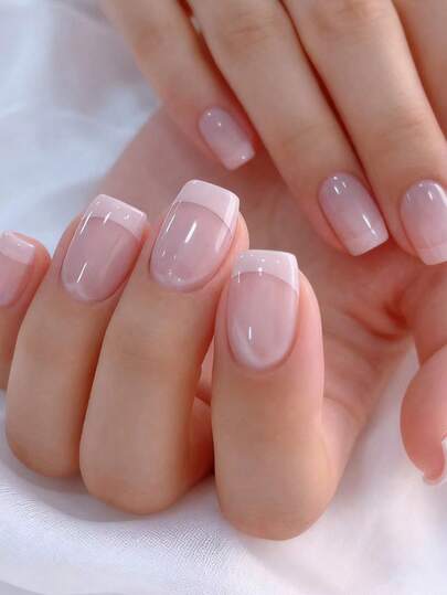 24pcs Short Square Nail Tips, Elegant Pink Edged French Striped Pearl Glossy Finish, Flattering, Fashionable & Versatile For Dates, Parties, Spring/Summer, Autumn/Winter Daily Wear, Removable Press-On Manicure Set With Jelly Gel And File Included, Random Jelly Gel Color