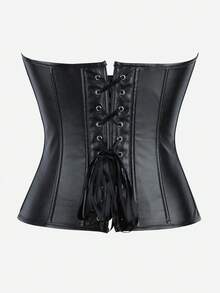 女士黑色PU无肩带胸衣，前拉链后系带设计，常规长度，无弹力面料，打造哥特性感风格，适合派对、舞会、万圣节、复古时尚装扮 - 黑色 - 查看 5