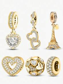 2pcs/Set Fashionable Heart & Eiffel Tower Bead Pendant, Suitable For Women Bracelet, Bangle DIY Jewelry Making And Daily Outfit Matching - Gold - View 1