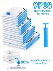 9pcs Vacuum Storage Bags With Hand Pump - 4 Sizes (Small/Medium/Large/X-Large) Reusable, Suitable For Travel, Back To School, Moving - Can Save 80% Space For Clothes, Bedding And Pillows - Multicolor - View 5