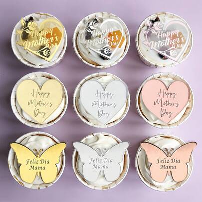 Bộ 5/10/20 món trang trí bánh kem hình hoa hồng, trái tim, bướm bằng acrylic màu vàng/bạc/vàng hồng dành cho Ngày của Mẹ, đồ dùng trang trí tiệc sinh nhật cho mẹ.