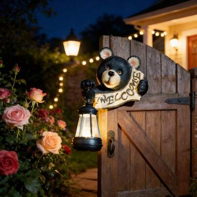 1件树脂太阳能熊雕像户外壁灯，树脂艺术雕塑装饰，庭院树挂灯，别墅花园夜灯，熊形灯笼太阳能充电氛围灯雕塑墙饰，适合作为礼物送给朋友，毕业季佳品