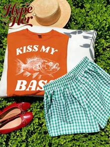 HypeHer Best Selling 2026, Women's Oversized Cotton Short Sleeve Round Neck T Shirt With Blend Kiss My Bass Fish Print For Streewear Or Officewear, Fashionable Everyday Top, Summer Outfits For Women - trái cam - Xem 2
