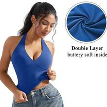 OMKAGI  Women's V-Neck Collarless Short-Sleeved Tank Top Y2K  Streetwear Style Top See-Through Top With Exposed Neckline - 藍色 - 查看 11