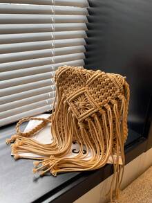 1pc Minimalist Vacation Style Fashion Straw Tassel Shoulder Bag, Chic Small Casual Lightweight Crossbody Bag, Versatile Beach Bag & Daily Commute Tote For Women, Made Of Polyester - Khaki - View 3