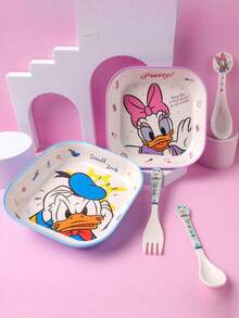 1pc Disney Cartoon Square Plate, Melamine Material Suitable For Hot & Cold Food, Heat Resistant Dinnerware, Cute Creative Daisy & Donald Duck Design Plate, 750ml - Multicolor - View 1