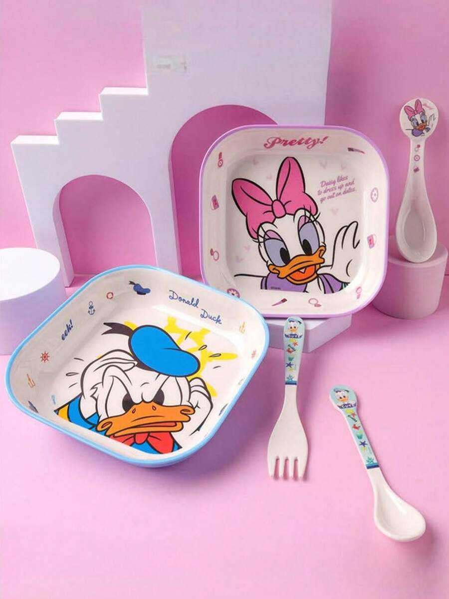1pc Disney Cartoon Square Plate, Melamine Material Suitable For Hot & Cold Food, Heat Resistant Dinnerware, Cute Creative Daisy & Donald Duck Design Plate, 750ml - Multicolor - View 1
