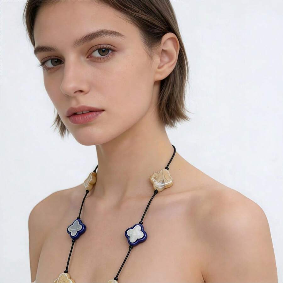 Rainha - Colar Longo De Quatro Folhas Com Pedras Naturais - Moda Boho Chic7-4