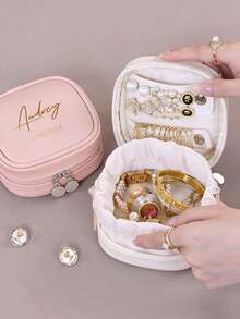 Custom Name Travel Jewelry Box, Personalized PU Leather Mini Jewelry Organizer, Portable Earring/Ring Storage Case, 1PC - Multicolor - View 3