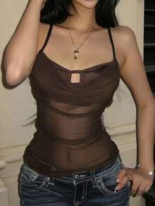 Women's Sexy Spaghetti Strap Semi-Sheer Mesh Tank Top, Summer Outfits, Y2K Style, Holiday Wear - Brown - View 1