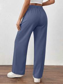 Women's Casual High Waist Wide Leg Straight Trousers Buttom Loose Solid Spring Fall Business Work Office Pants With Pocket - 灰藍色 - 查看 3